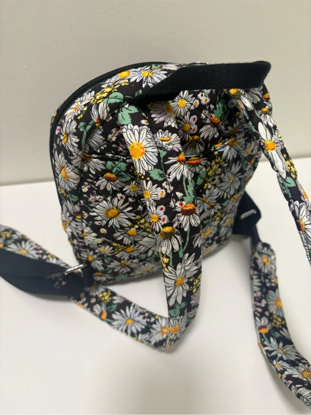 Vera Bradley Black Floral Quilted Mini Backpack with White Daisies
